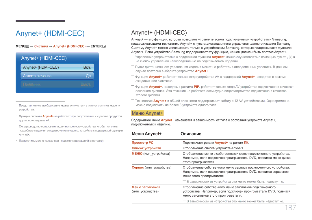 Samsung LH55MDCPLGC/EN, LH40MDCPLGC/EN, LH32MDCPLGC/EN, LH46MDCPLGC/EN manual Anynet+ HDMI-CEC, 137, Меню Anynet+ 