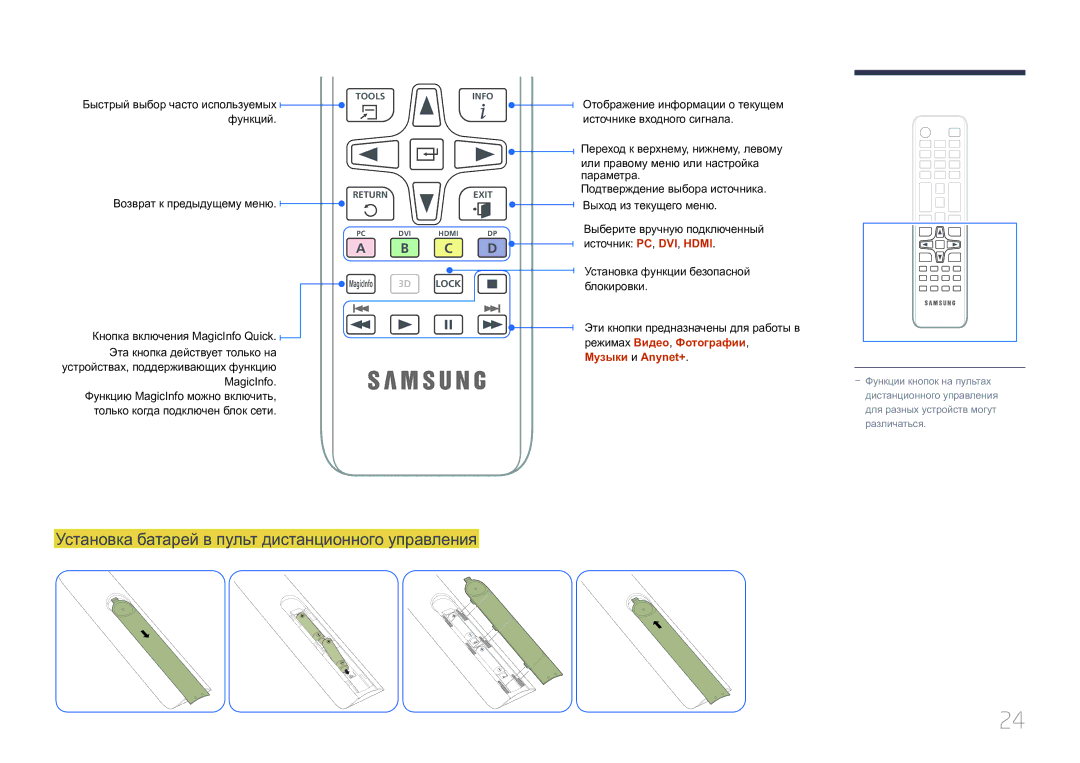 Samsung LH40MDCPLGC/EN, LH55MDCPLGC/EN, LH32MDCPLGC/EN manual Установка батарей в пульт дистанционного управления, Функций 