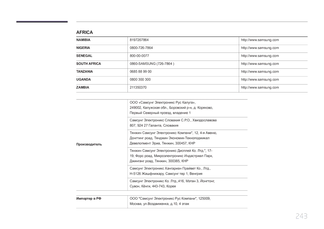 Samsung LH46MDCPLGC/EN, LH40MDCPLGC/EN, LH55MDCPLGC/EN, LH32MDCPLGC/EN manual 243, Производитель, Импортер в РФ 