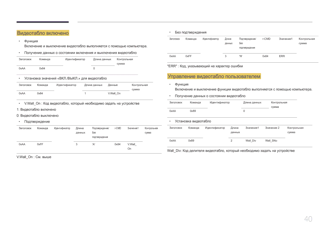 Samsung LH40MDCPLGC/EN manual Видеотабло включено, Управление видеотабло пользователем, WallOn См. выше Без подтверждения 