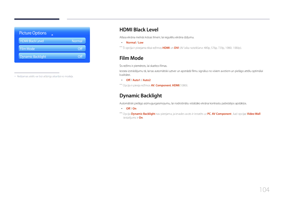 Samsung LH40MDCPLGC/EN, LH55MDCPLGC/EN, LH32MDCPLGC/EN manual 104, Hdmi Black Level, Film Mode Off Dynamic Backlight 