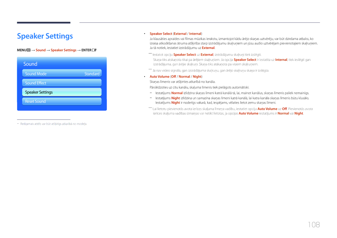 Samsung LH40MDCPLGC/EN, LH55MDCPLGC/EN, LH32MDCPLGC/EN, LH46MDCPLGC/EN manual Speaker Settings, 108, Sound Effect 