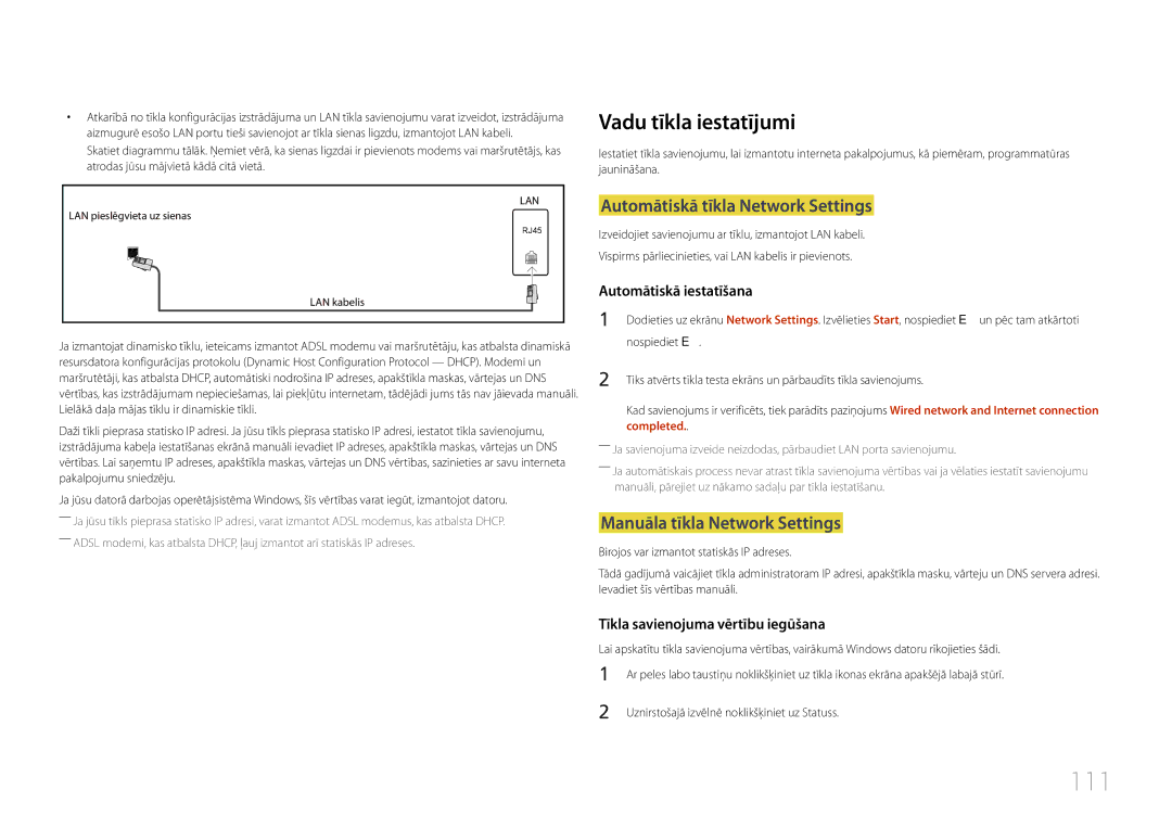 Samsung LH46MDCPLGC/EN 111, Vadu tīkla iestatījumi, Automātiskā tīkla Network Settings, Manuāla tīkla Network Settings 