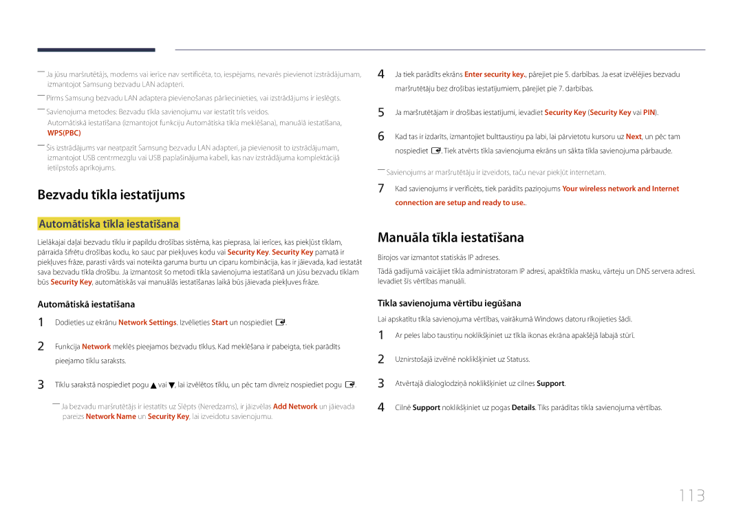 Samsung LH55MDCPLGC/EN manual 113, Bezvadu tīkla iestatījums, Manuāla tīkla iestatīšana, Automātiska tīkla iestatīšana 