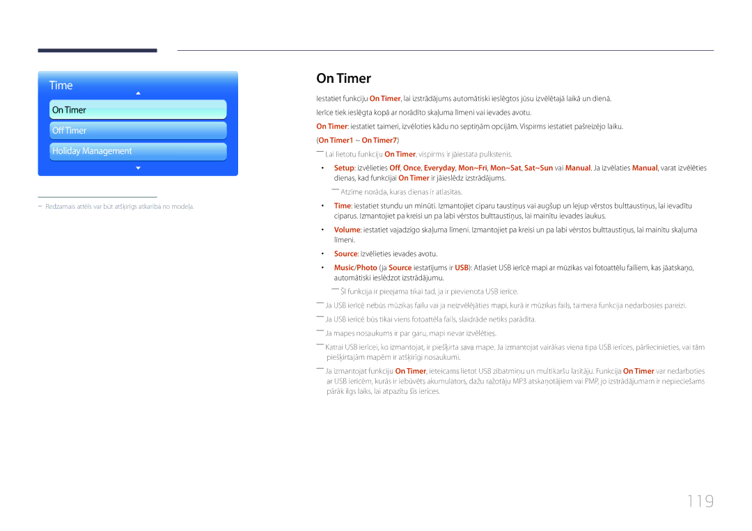 Samsung LH46MDCPLGC/EN, LH40MDCPLGC/EN, LH55MDCPLGC/EN manual 119, Off Timer Holiday Management, On Timer1 ~ On Timer7 