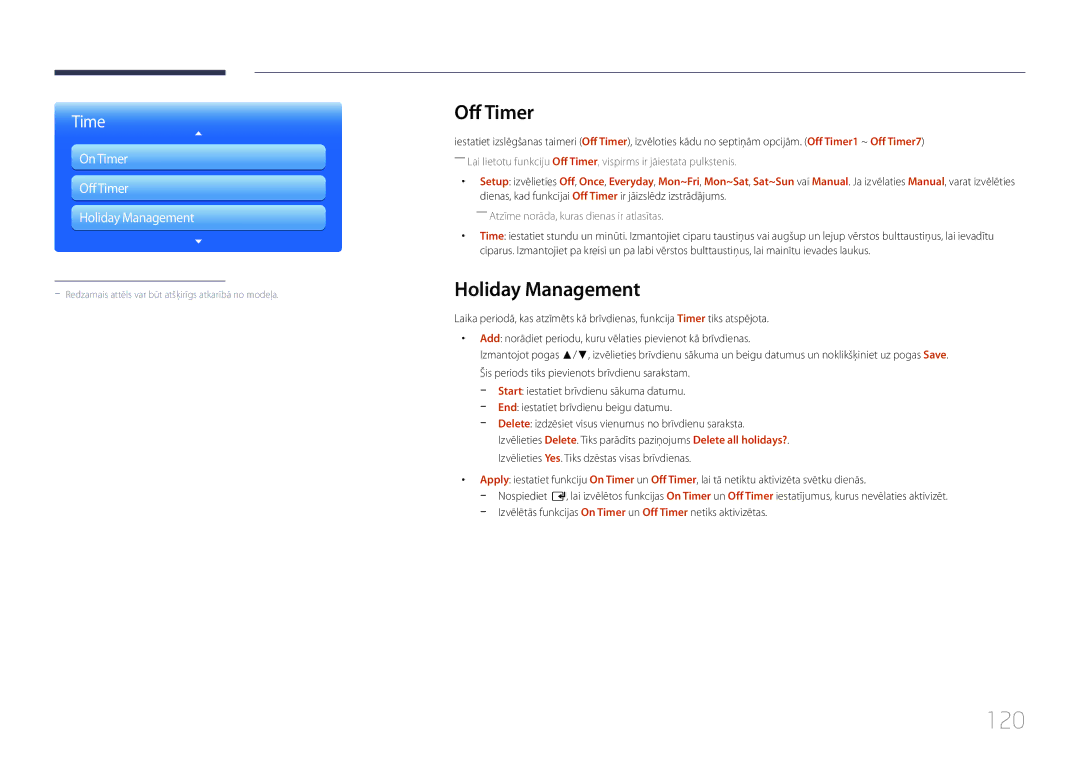 Samsung LH40MDCPLGC/EN, LH55MDCPLGC/EN, LH32MDCPLGC/EN, LH46MDCPLGC/EN manual 120, Off Timer, Holiday Management 