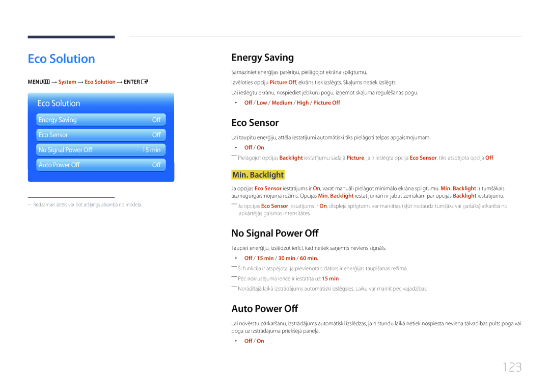 Samsung LH46MDCPLGC/EN, LH40MDCPLGC/EN, LH55MDCPLGC/EN, LH32MDCPLGC/EN manual Eco Solution, 123 