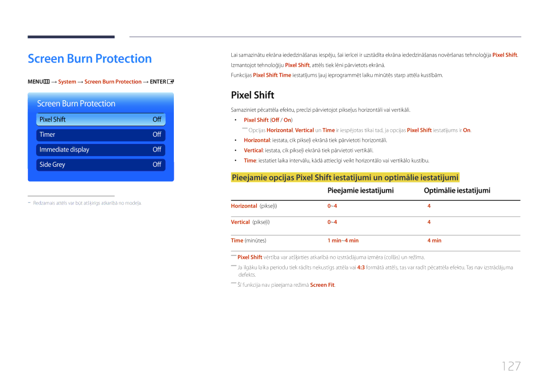 Samsung LH46MDCPLGC/EN manual Screen Burn Protection, 127, Pixel Shift, Pieejamie iestatījumi Optimālie iestatījumi 