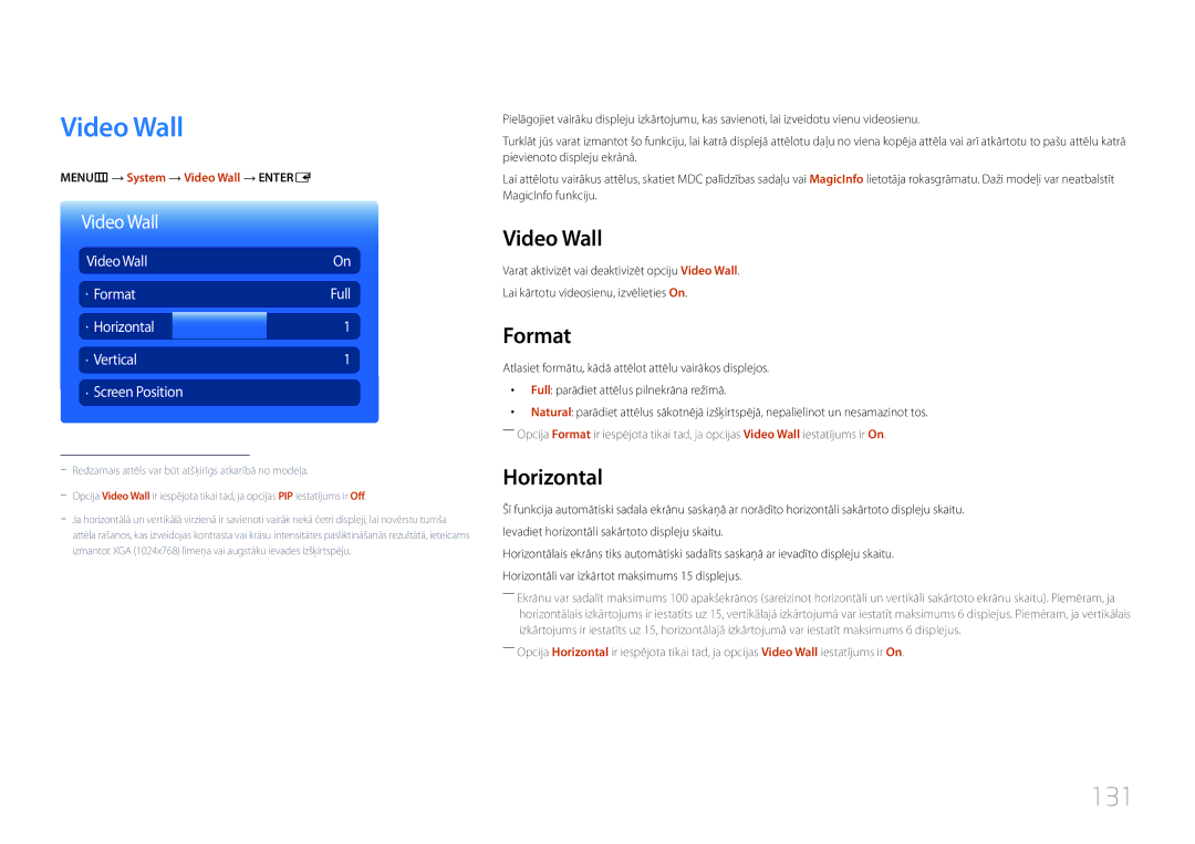 Samsung LH46MDCPLGC/EN, LH40MDCPLGC/EN, LH55MDCPLGC/EN, LH32MDCPLGC/EN manual Video Wall, 131, Format, Horizontal 