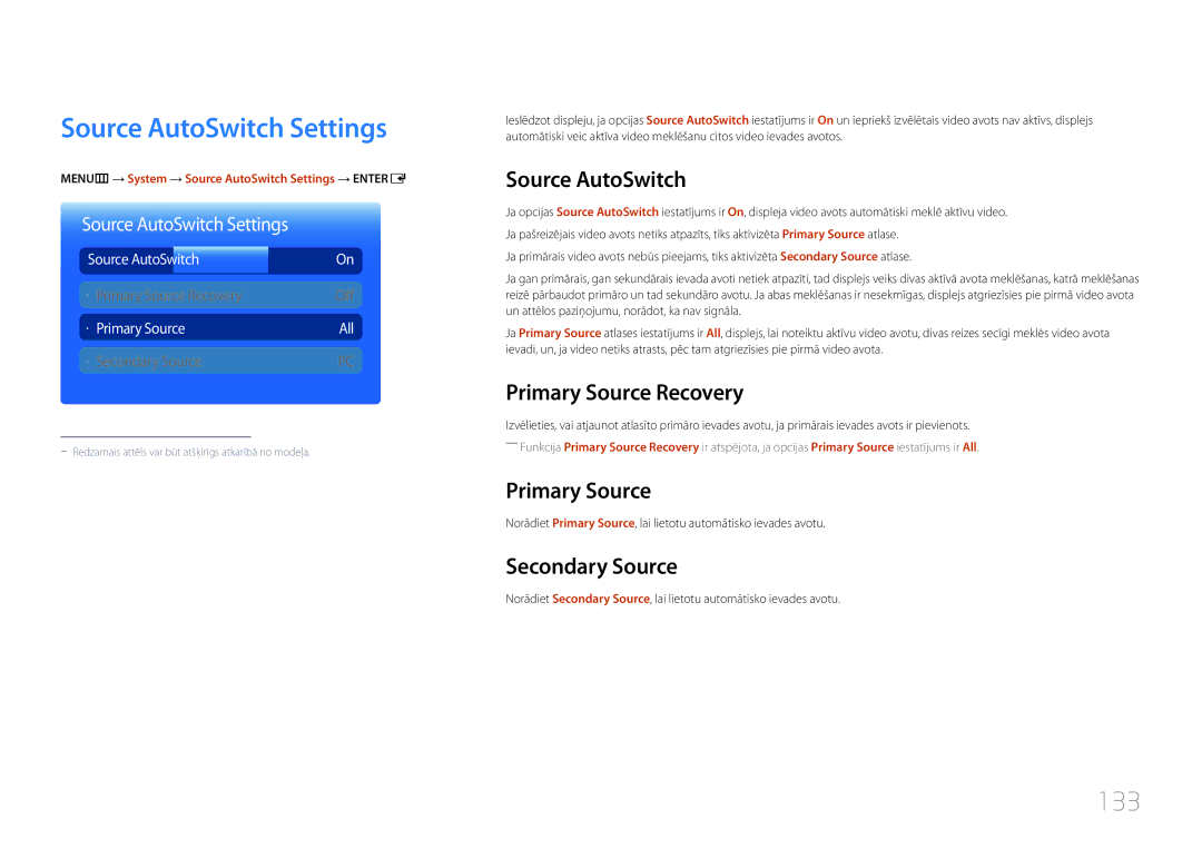 Samsung LH55MDCPLGC/EN, LH40MDCPLGC/EN, LH32MDCPLGC/EN, LH46MDCPLGC/EN manual Source AutoSwitch Settings, 133 