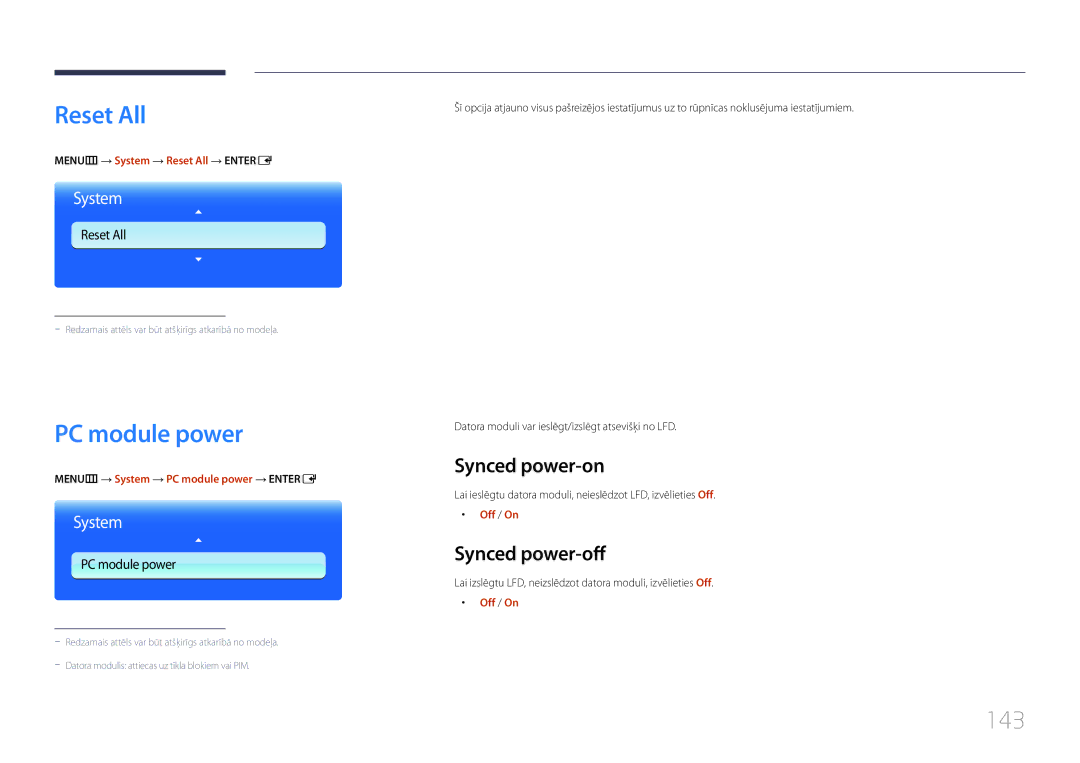 Samsung LH46MDCPLGC/EN, LH40MDCPLGC/EN, LH55MDCPLGC/EN Reset All, PC module power, 143, Synced power-on, Synced power-off 