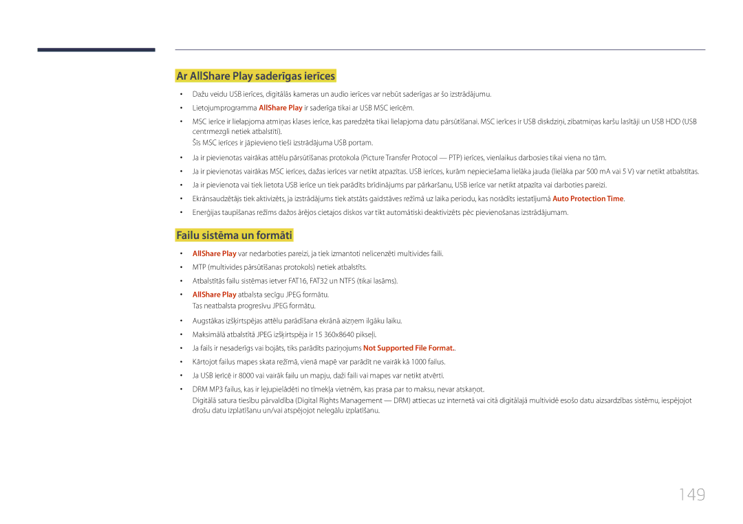 Samsung LH55MDCPLGC/EN, LH40MDCPLGC/EN, LH32MDCPLGC/EN 149, Ar AllShare Play saderīgas ierīces, Failu sistēma un formāti 