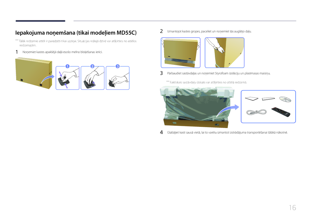 Samsung LH40MDCPLGC/EN, LH55MDCPLGC/EN, LH32MDCPLGC/EN, LH46MDCPLGC/EN manual Iepakojuma noņemšana tikai modeļiem MD55C 