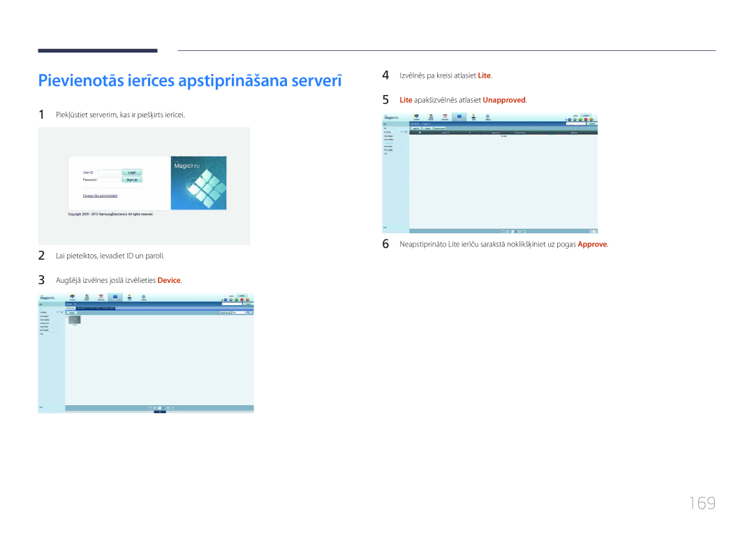 Samsung LH55MDCPLGC/EN, LH40MDCPLGC/EN, LH32MDCPLGC/EN, LH46MDCPLGC/EN manual Pievienotās ierīces apstiprināšana serverī, 169 