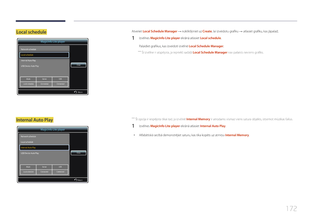 Samsung LH40MDCPLGC/EN, LH55MDCPLGC/EN, LH32MDCPLGC/EN, LH46MDCPLGC/EN manual 172, Local schedule, Internal Auto Play 