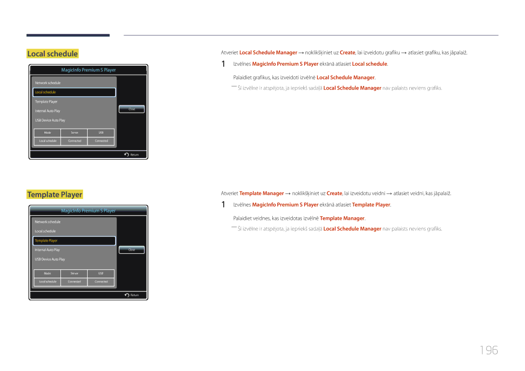 Samsung LH40MDCPLGC/EN, LH55MDCPLGC/EN, LH32MDCPLGC/EN, LH46MDCPLGC/EN manual 196, Template Player 