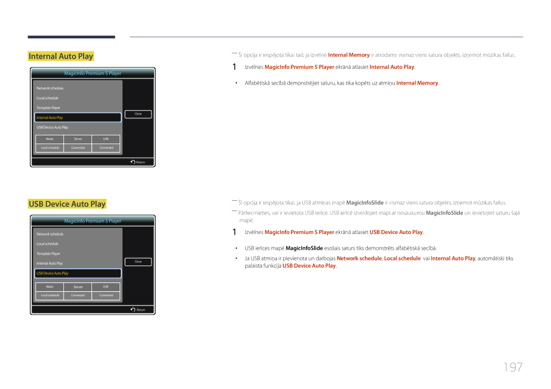 Samsung LH55MDCPLGC/EN, LH40MDCPLGC/EN, LH32MDCPLGC/EN, LH46MDCPLGC/EN manual 197, Internal Auto Play 