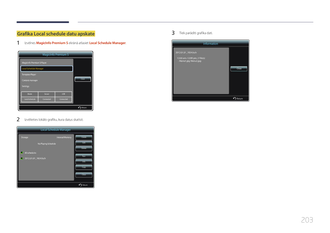 Samsung LH46MDCPLGC/EN, LH40MDCPLGC/EN, LH55MDCPLGC/EN, LH32MDCPLGC/EN manual 203, Grafika Local schedule datu apskate 