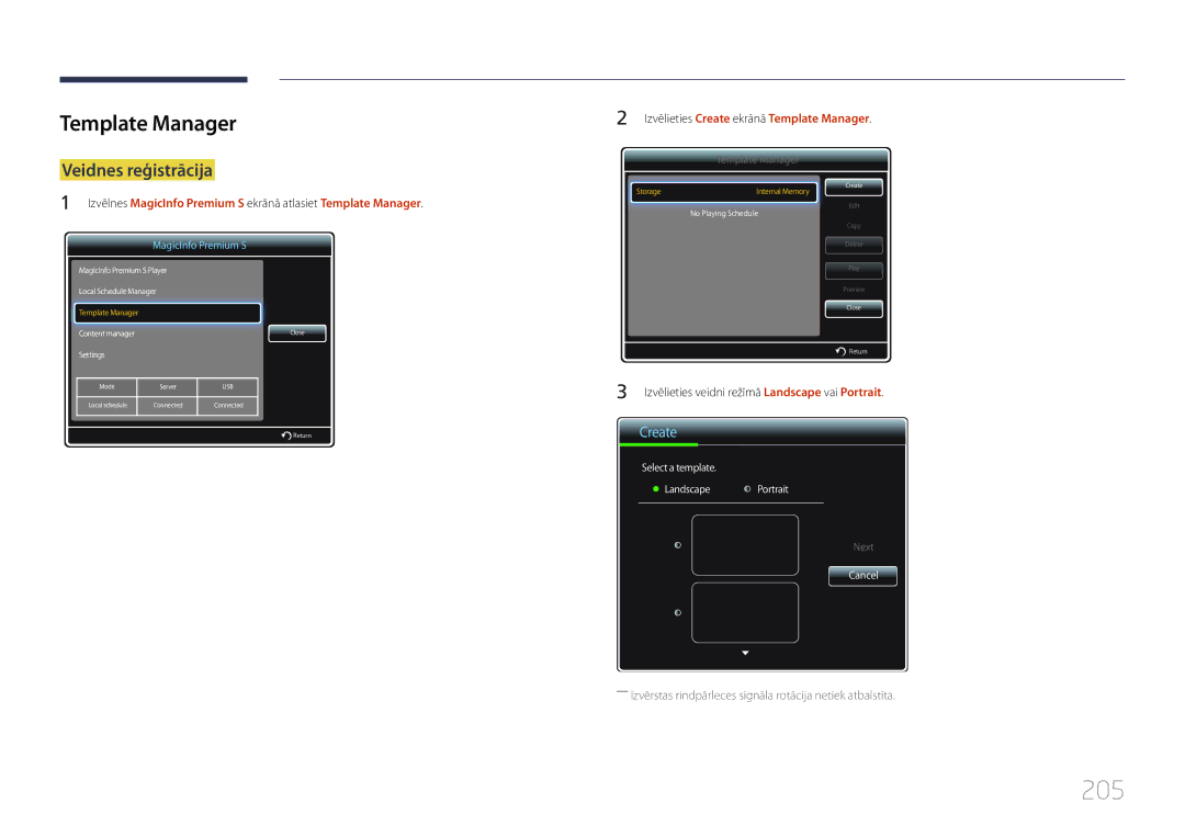 Samsung LH55MDCPLGC/EN, LH40MDCPLGC/EN, LH32MDCPLGC/EN, LH46MDCPLGC/EN manual 205, Template Manager, Veidnes reģistrācija 