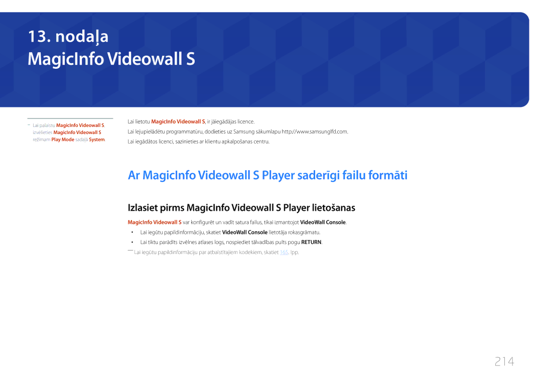 Samsung LH32MDCPLGC/EN, LH40MDCPLGC/EN, LH55MDCPLGC/EN manual Ar MagicInfo Videowall S Player saderīgi failu formāti, 214 