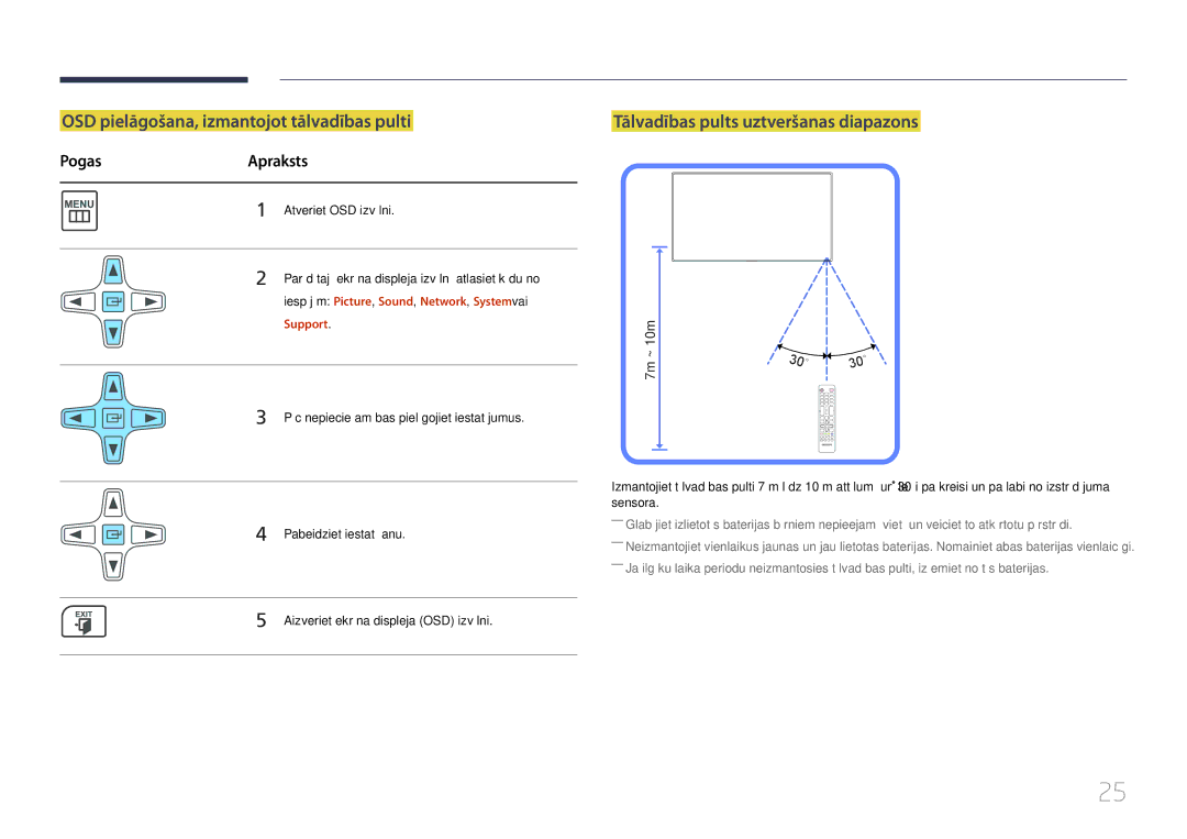 Samsung LH55MDCPLGC/EN manual OSD pielāgošana, izmantojot tālvadības pulti, Tālvadības pults uztveršanas diapazons, Support 