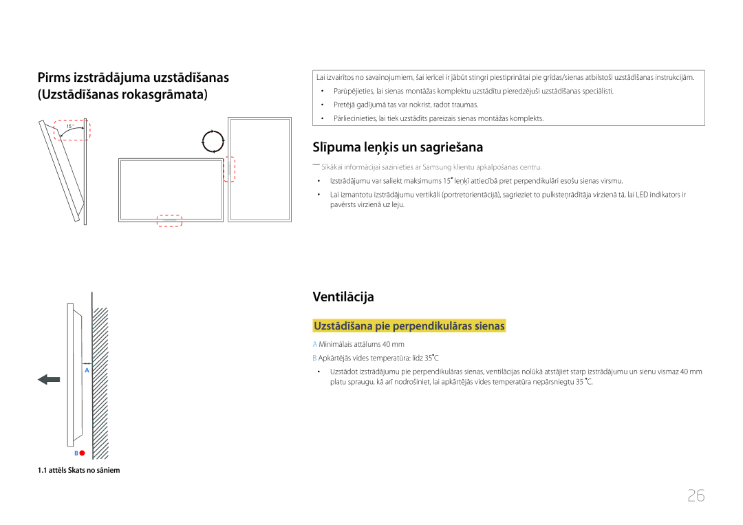 Samsung LH32MDCPLGC/EN, LH40MDCPLGC/EN Slīpuma leņķis un sagriešana, Ventilācija, Uzstādīšana pie perpendikulāras sienas 