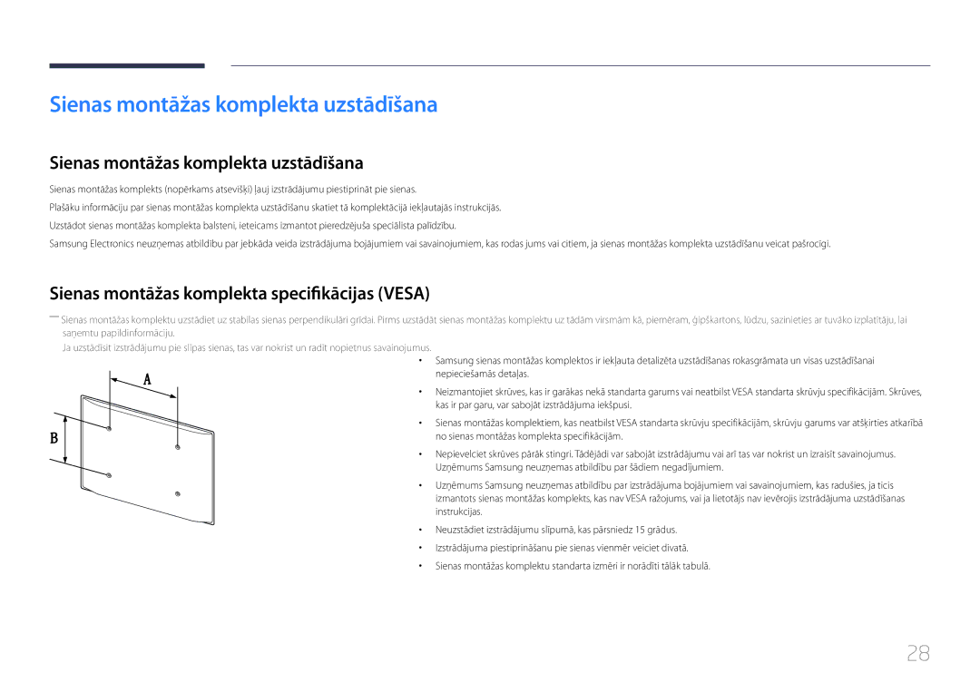 Samsung LH40MDCPLGC/EN manual Sienas montāžas komplekta uzstādīšana, Sienas montāžas komplekta specifikācijas Vesa 