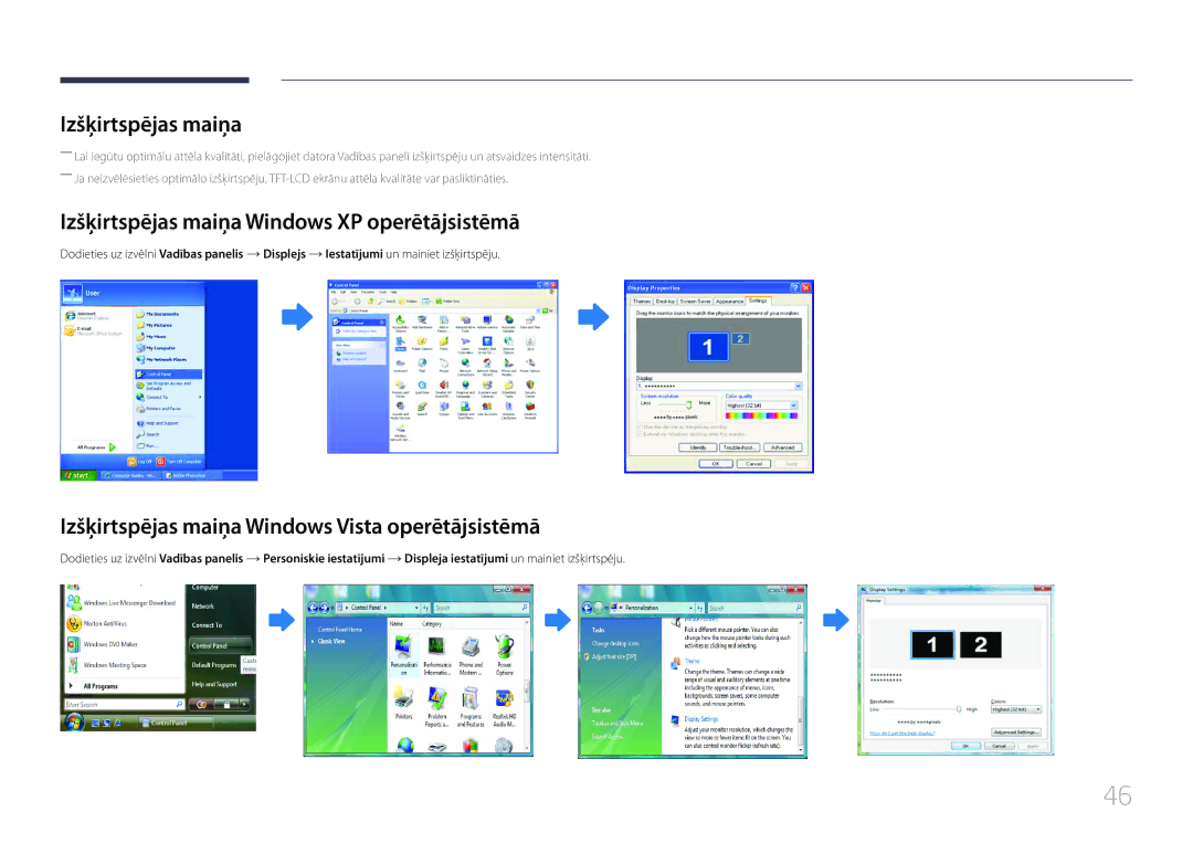 Samsung LH32MDCPLGC/EN, LH40MDCPLGC/EN, LH55MDCPLGC/EN, LH46MDCPLGC/EN Izšķirtspējas maiņa Windows XP operētājsistēmā 