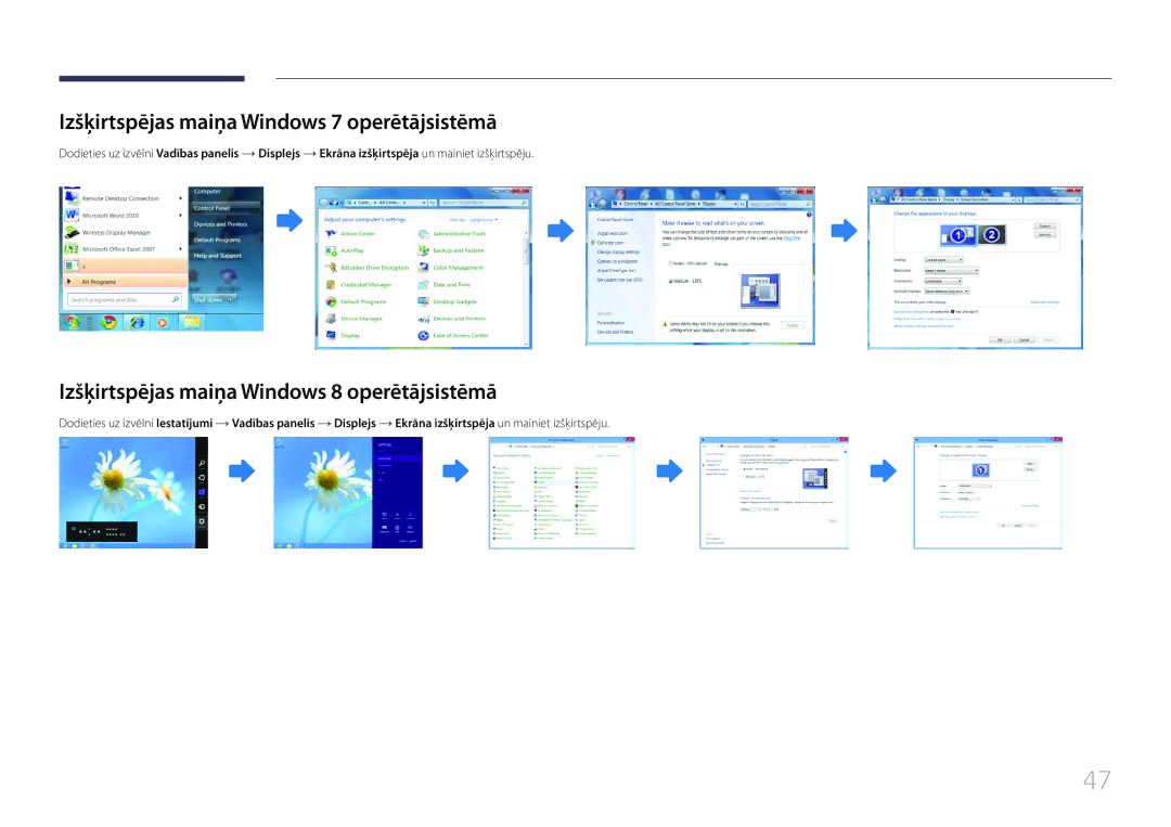 Samsung LH46MDCPLGC/EN manual Izšķirtspējas maiņa Windows 7 operētājsistēmā, Izšķirtspējas maiņa Windows 8 operētājsistēmā 