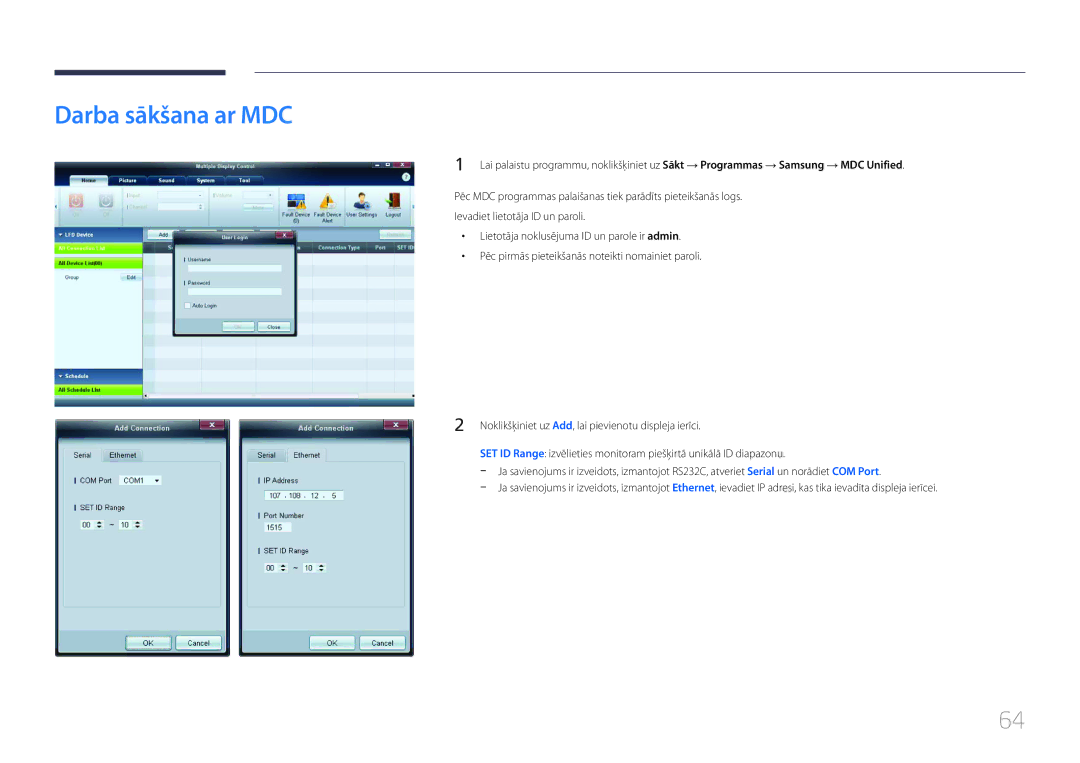 Samsung LH40MDCPLGC/EN, LH55MDCPLGC/EN, LH32MDCPLGC/EN, LH46MDCPLGC/EN manual Darba sākšana ar MDC 