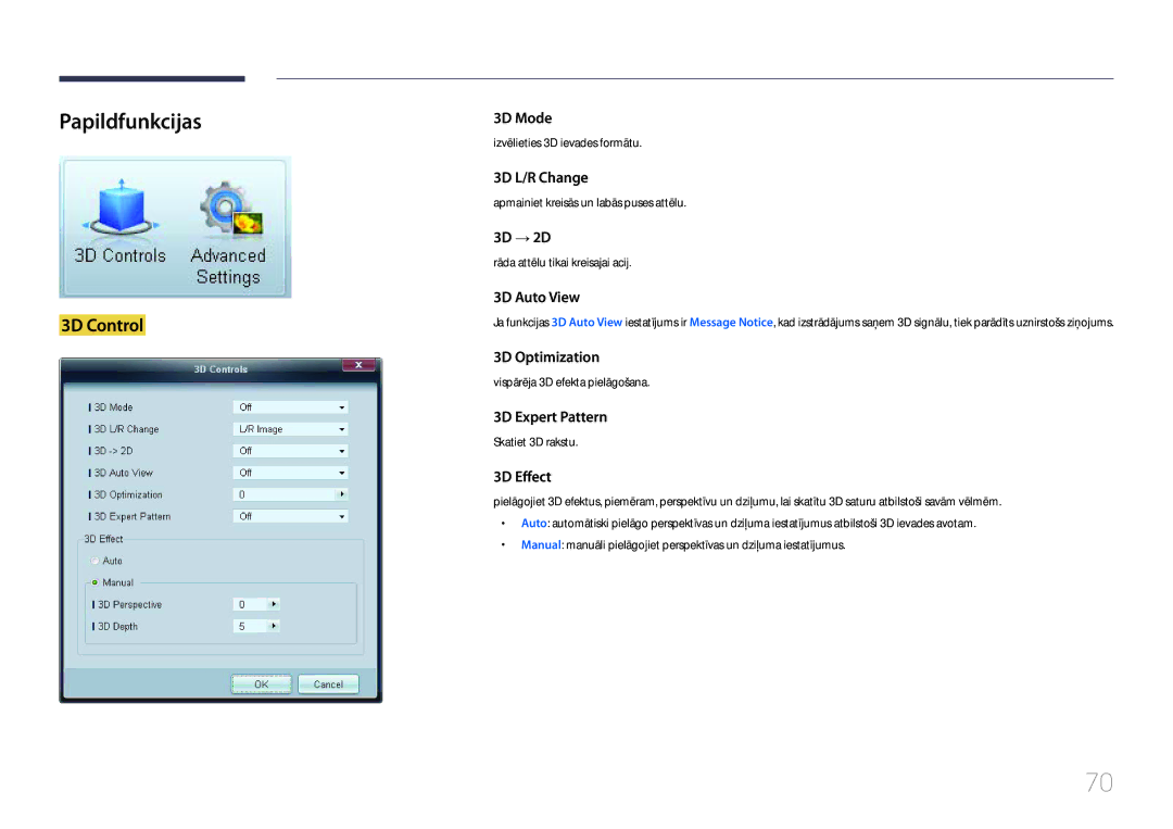 Samsung LH32MDCPLGC/EN, LH40MDCPLGC/EN, LH55MDCPLGC/EN, LH46MDCPLGC/EN manual Papildfunkcijas, 3D Control 