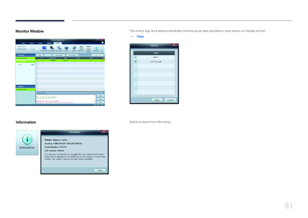 Samsung LH46MDCPLGC/EN, LH40MDCPLGC/EN, LH55MDCPLGC/EN manual Monitor Window Information, Skatiet programmas informāciju 