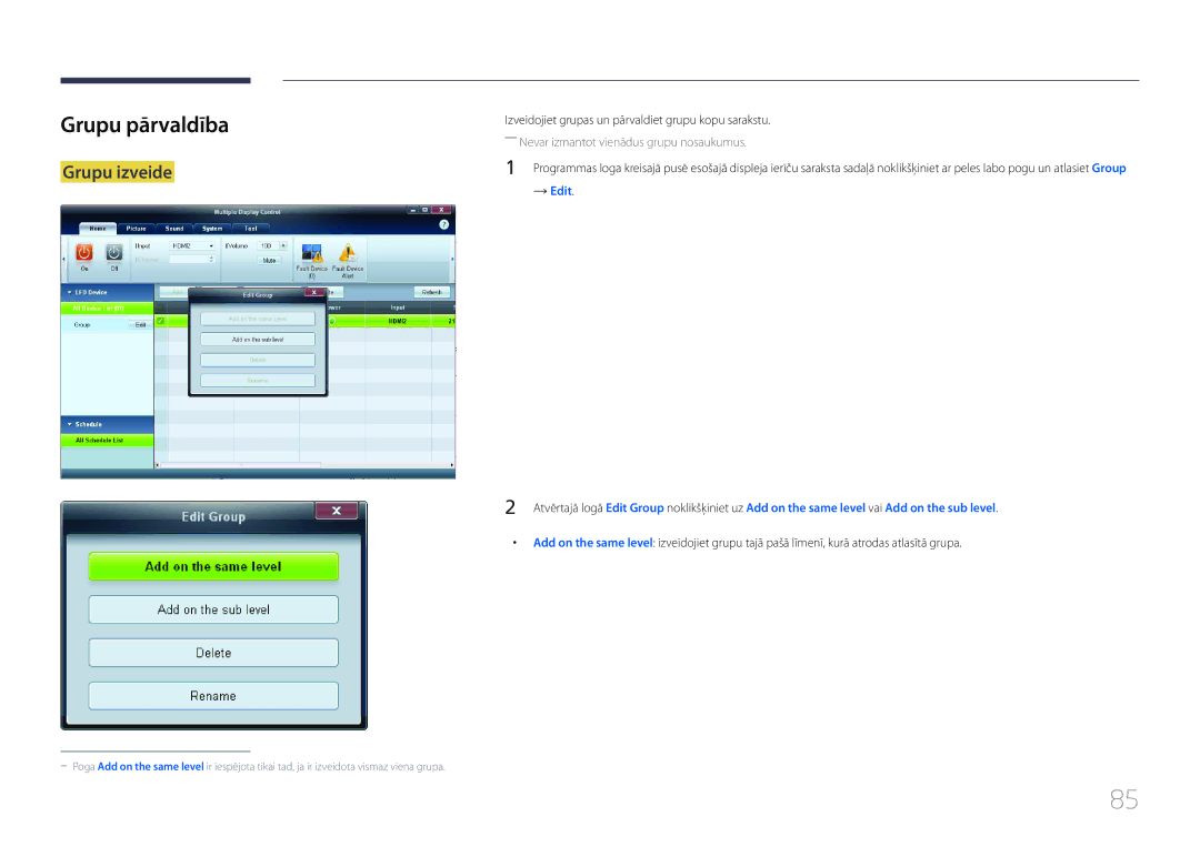 Samsung LH55MDCPLGC/EN, LH40MDCPLGC/EN, LH32MDCPLGC/EN, LH46MDCPLGC/EN manual Grupu pārvaldība, Grupu izveide 