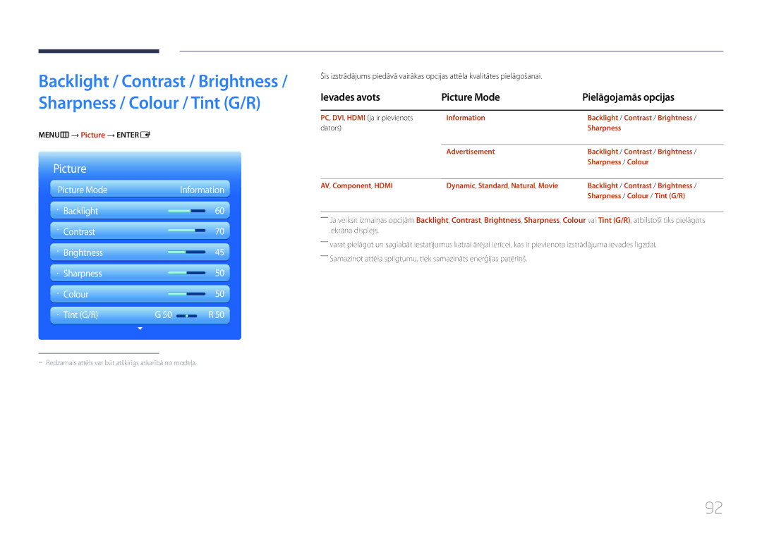 Samsung LH40MDCPLGC/EN, LH55MDCPLGC/EN manual Ievades avots Picture Mode Pielāgojamās opcijas, MENUm → Picture → Entere 