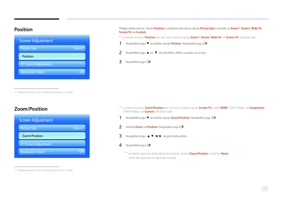 Samsung LH46MDCPLGC/EN, LH40MDCPLGC/EN manual Zoom/Position, Picture Size, PC Screen Adjustment Resolution Select 