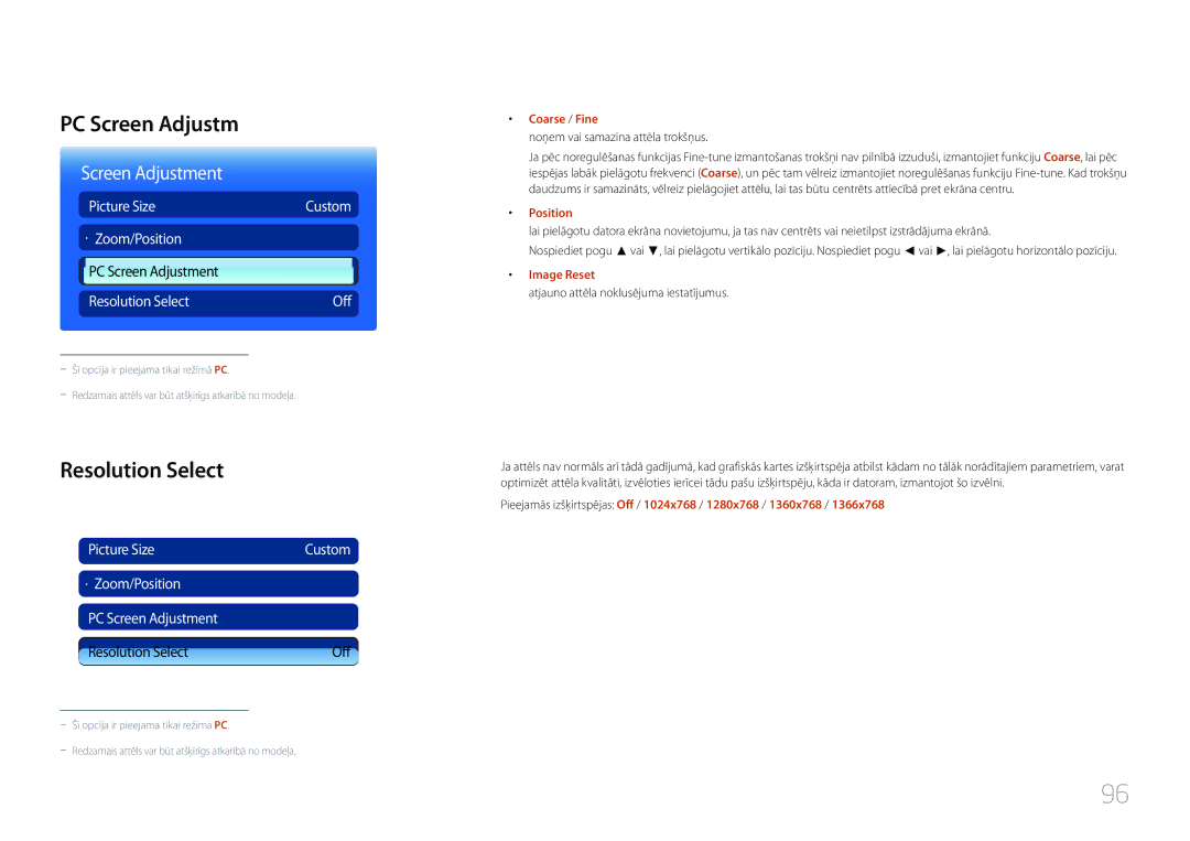 Samsung LH40MDCPLGC/EN, LH55MDCPLGC/EN, LH32MDCPLGC/EN manual Resolution Select, · Zoom/Position PC Screen Adjustment 