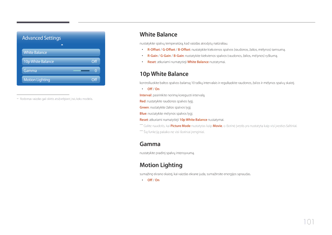 Samsung LH55MDCPLGC/EN, LH40MDCPLGC/EN, LH32MDCPLGC/EN, LH46MDCPLGC/EN 101, 10p White Balance, Gamma, Motion Lighting 