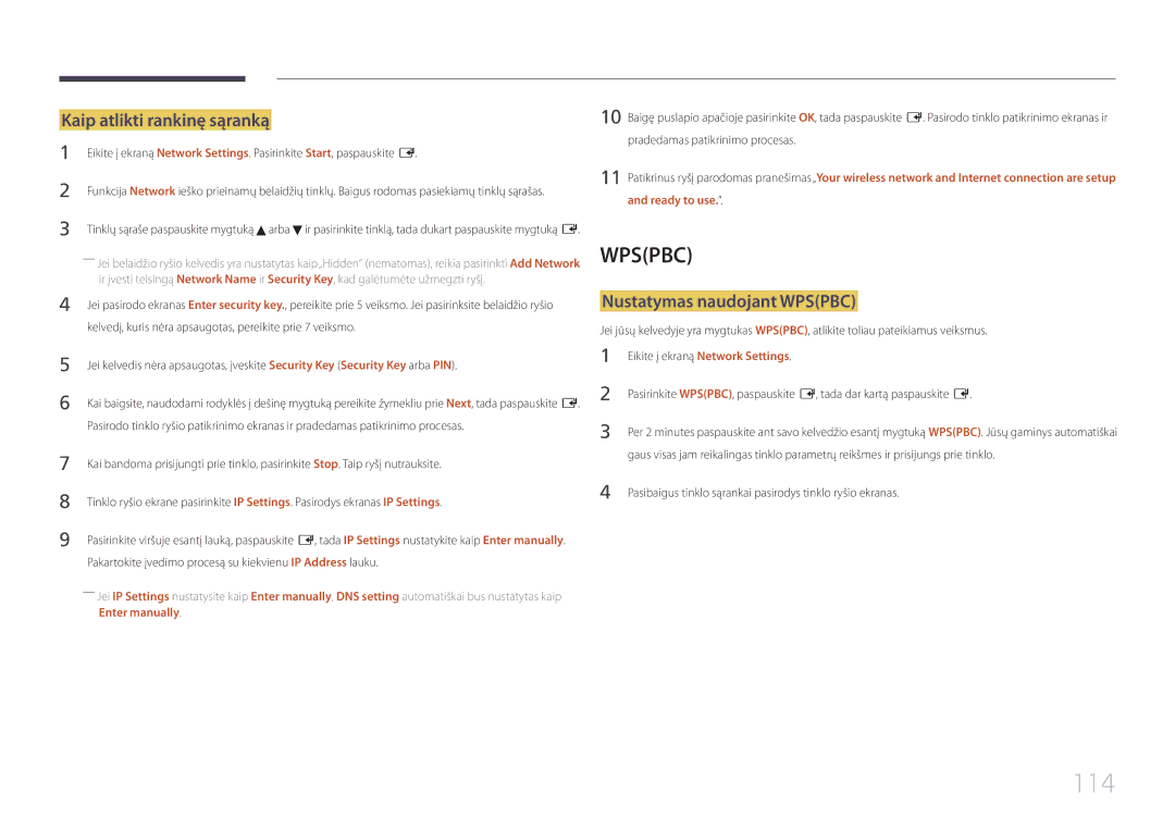 Samsung LH32MDCPLGC/EN, LH40MDCPLGC/EN, LH55MDCPLGC/EN manual 114, Kaip atlikti rankinę sąranką, Nustatymas naudojant Wpspbc 