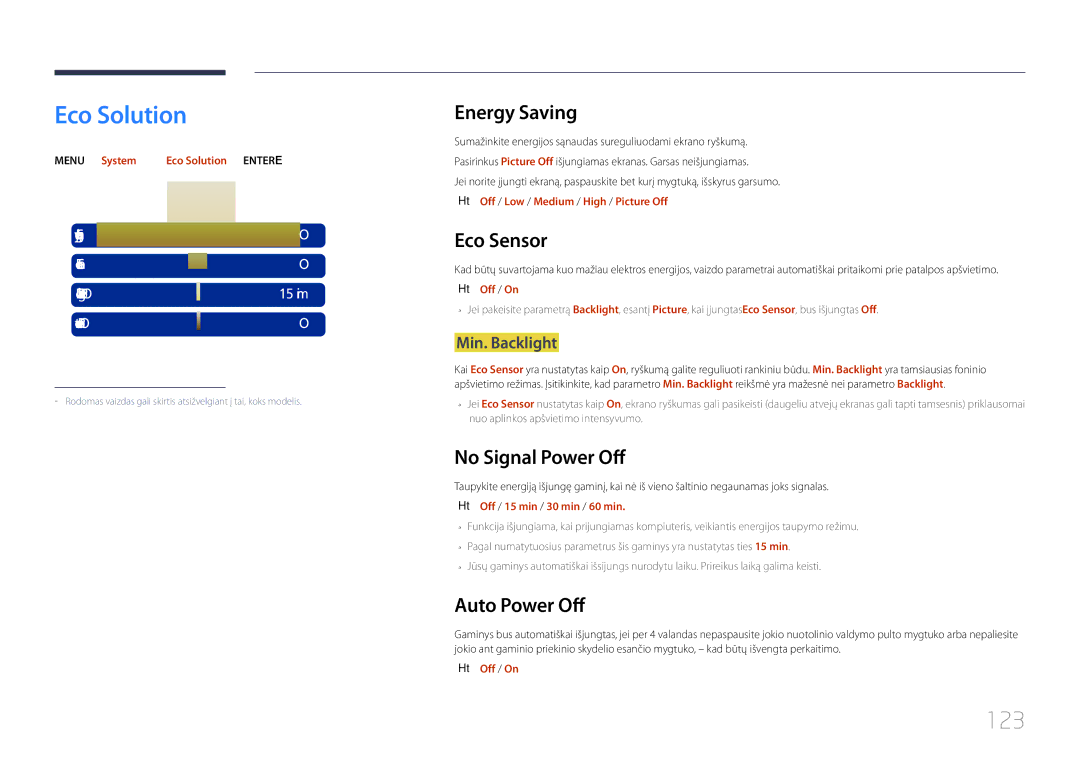 Samsung LH46MDCPLGC/EN, LH40MDCPLGC/EN, LH55MDCPLGC/EN, LH32MDCPLGC/EN manual Eco Solution, 123 