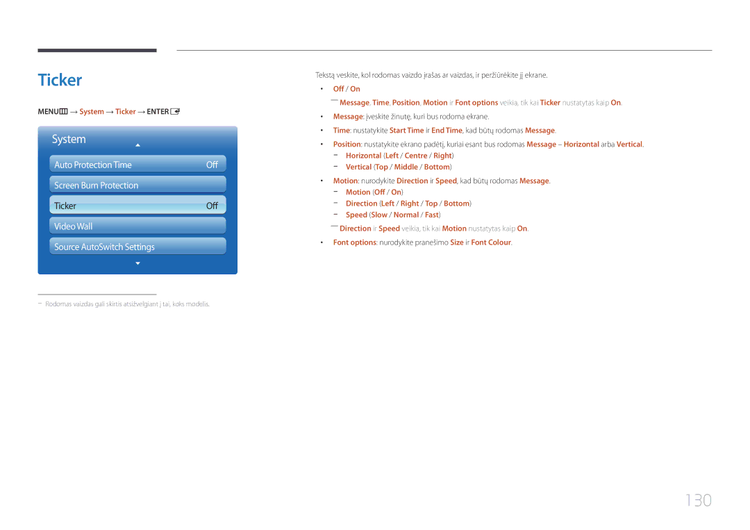 Samsung LH32MDCPLGC/EN, LH40MDCPLGC/EN manual 130, MENUm → System → Ticker → Entere, Vertical Top / Middle / Bottom 