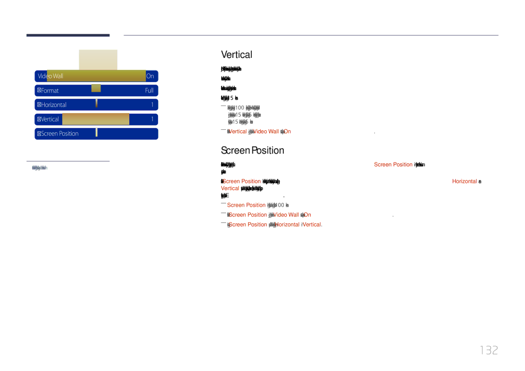 Samsung LH40MDCPLGC/EN, LH55MDCPLGC/EN, LH32MDCPLGC/EN, LH46MDCPLGC/EN manual 132, Vertical, Screen Position 