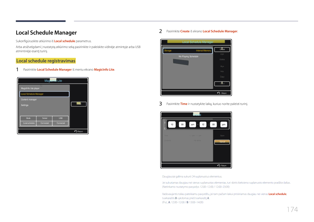 Samsung LH32MDCPLGC/EN, LH40MDCPLGC/EN, LH55MDCPLGC/EN manual 174, Local Schedule Manager, Local schedule registravimas 