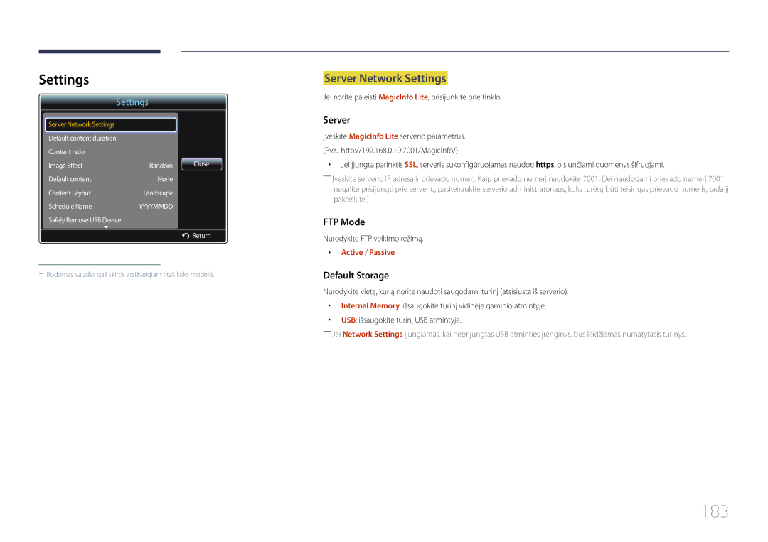 Samsung LH46MDCPLGC/EN, LH40MDCPLGC/EN 183, Server Network Settings, Nurodykite FTP veikimo režimą, Active / Passive 