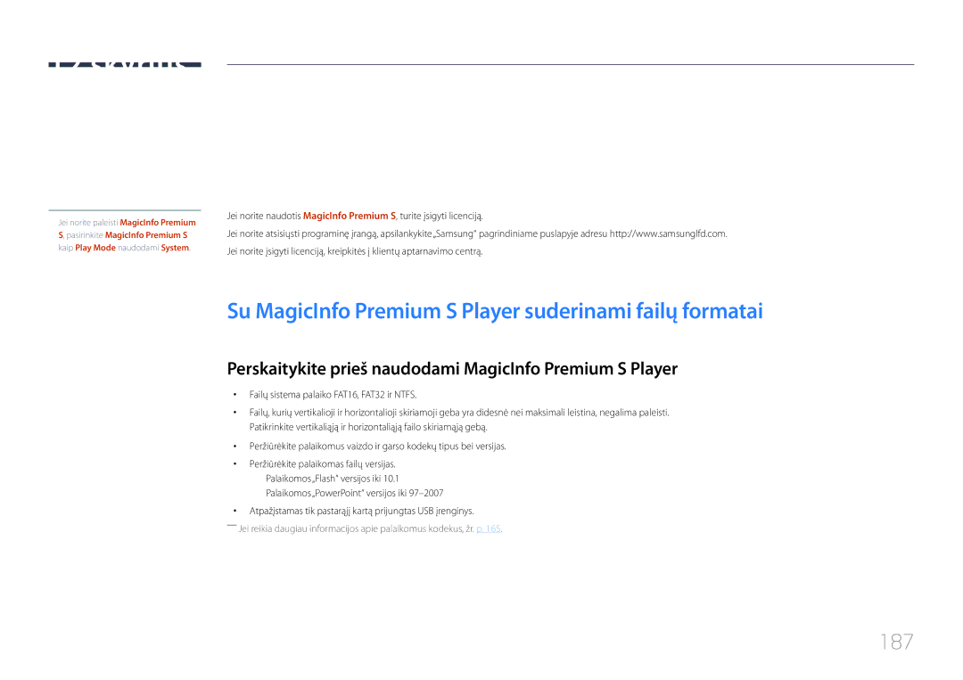 Samsung LH46MDCPLGC/EN, LH40MDCPLGC/EN, LH55MDCPLGC/EN Su MagicInfo Premium S Player suderinami failų formatai, 187 