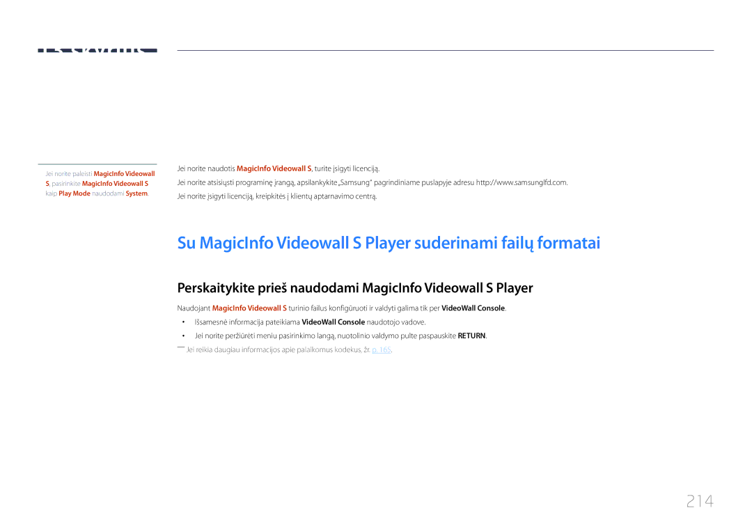 Samsung LH32MDCPLGC/EN, LH40MDCPLGC/EN, LH55MDCPLGC/EN Su MagicInfo Videowall S Player suderinami failų formatai, 214 