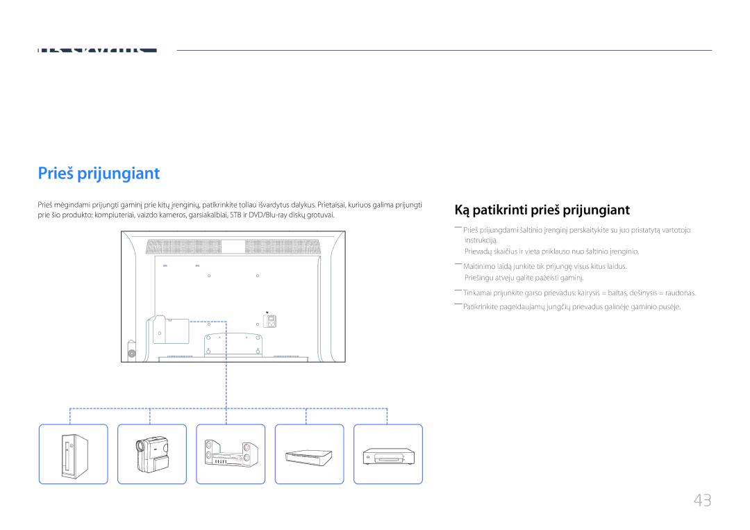 Samsung LH46MDCPLGC/EN Šaltinio įrenginio prijungimas ir naudojimas, Prieš prijungiant, Ką patikrinti prieš prijungiant 