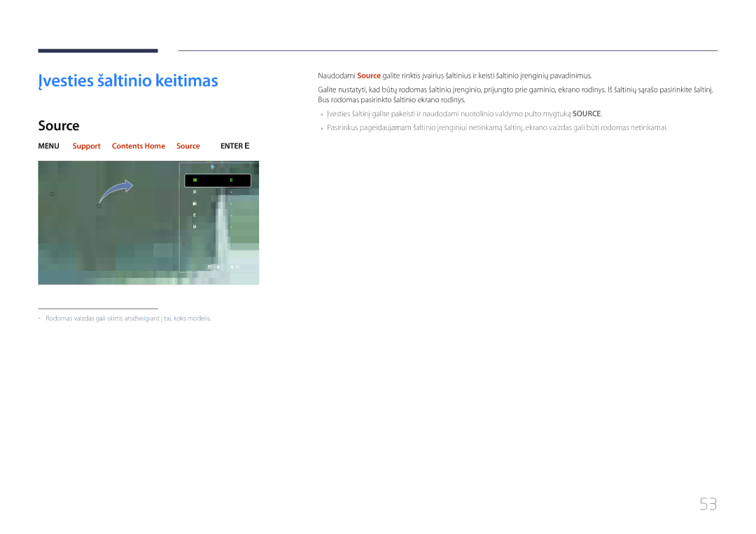Samsung LH55MDCPLGC/EN, LH40MDCPLGC/EN Įvesties šaltinio keitimas, Menu m → Support → Contents Home → Source → Enter E 