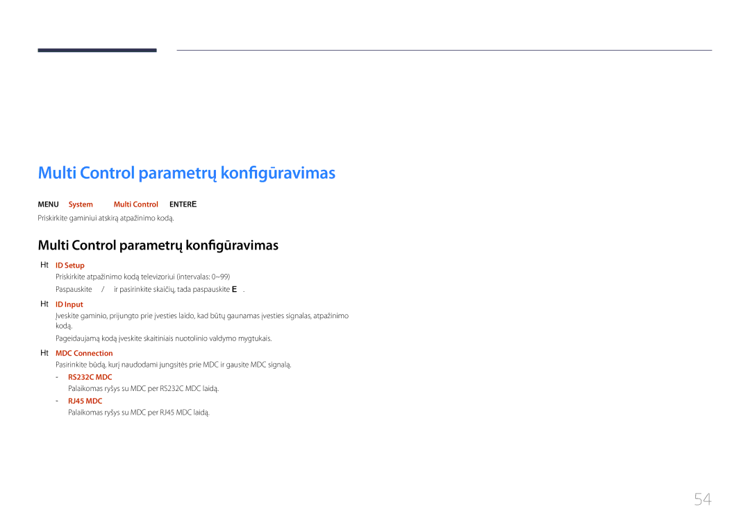 Samsung LH32MDCPLGC/EN, LH40MDCPLGC/EN, LH55MDCPLGC/EN manual MDC naudojimas, Multi Control parametrų konfigūravimas 