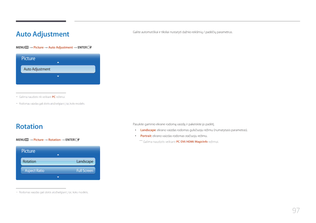 Samsung LH55MDCPLGC/EN manual MENUm → Picture → Auto Adjustment → Entere, MENUm → Picture → Rotation → Entere 