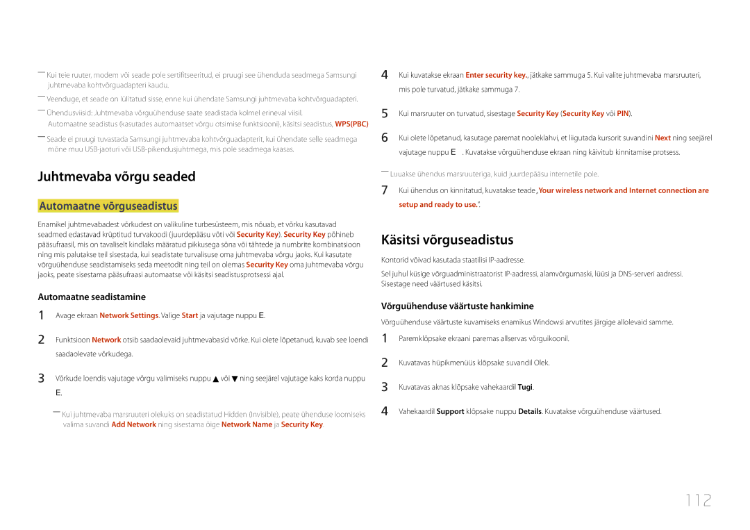 Samsung LH40MDCPLGC/EN, LH55MDCPLGC/EN 112, Juhtmevaba võrgu seaded, Käsitsi võrguseadistus, Automaatne võrguseadistus 